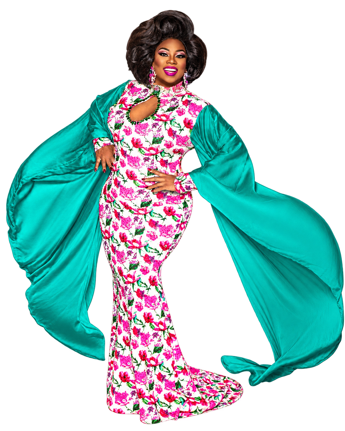 Sable Jones St. James in a floral gown with flowing teal sleeves as a cutout sticker